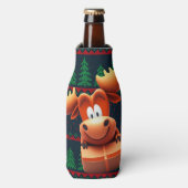 Cartoon Moose met kerstcadeau Koelboxxen Flesjeskoeler (Fles Voorkant)