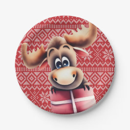 Cartoon Moose met kerstcadeau Papieren Bordje