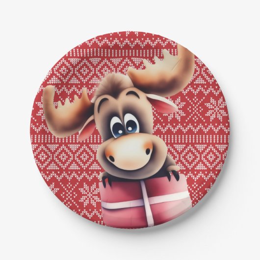 Cartoon Moose met kerstcadeau Papieren Bordje (Voorkant)