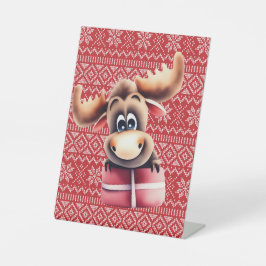 Cartoon Moose met kerstcadeau Reclamebord Met Voetstuk