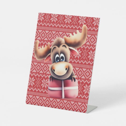 Cartoon Moose met kerstcadeau Reclamebord Met Voetstuk (Voorkant)