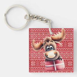 Cartoon Moose met kerstcadeau Sleutelhanger