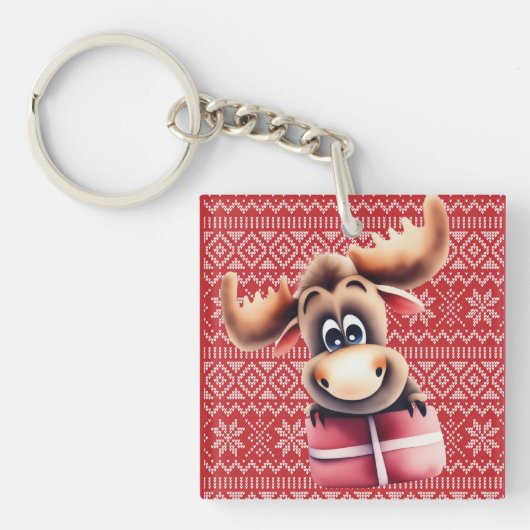 Cartoon Moose met kerstcadeau Sleutelhanger (voorkant)