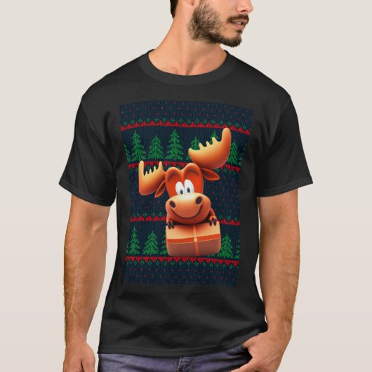 Cartoon Moose met Kerstcadeau Tshirt Vrouwen (Voorkant)