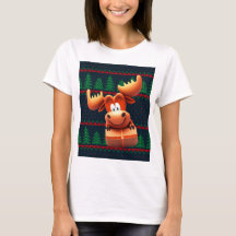Cartoon Moose met Kerstcadeau Tshirt Vrouwen