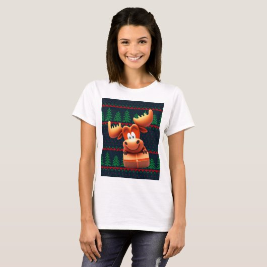 Cartoon Moose met Kerstcadeau Tshirt Vrouwen (Voorkant volledig)