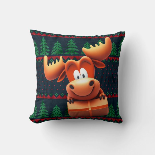 Cartoon Moose met Kerstcadeau Tshirt Vrouwen Kussen (Voorkant)