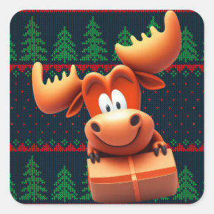 Cartoon Moose met Kerstcadeau Tshirt Vrouwen Vierkante Sticker