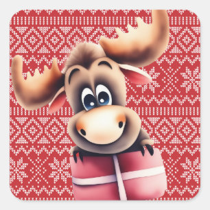 Cartoon Moose met kerstcadeau Vierkante Sticker
