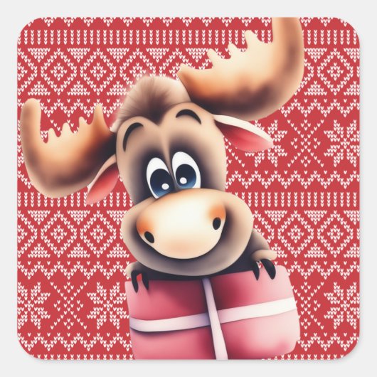 Cartoon Moose met kerstcadeau Vierkante Sticker (Voorkant)
