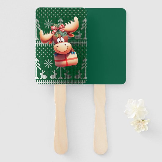 Cartoon Moose op groen gebreid patroon Handwaaier (Voorkant en achterkant)