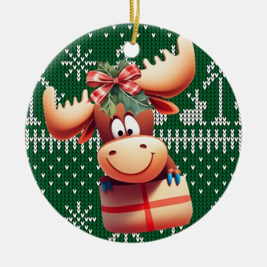 Cartoon Moose op groen gebreid patroon Keramisch Ornament (Voorkant)