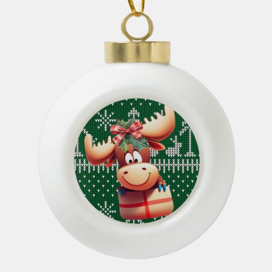 Cartoon Moose op groen gebreid patroon Keramische Bal Ornament (Voorkant)