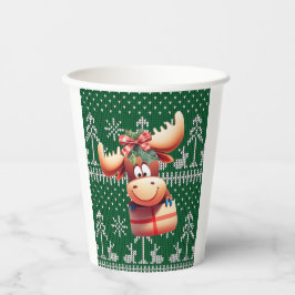 Cartoon Moose op groen gebreid patroon Papieren Bekers