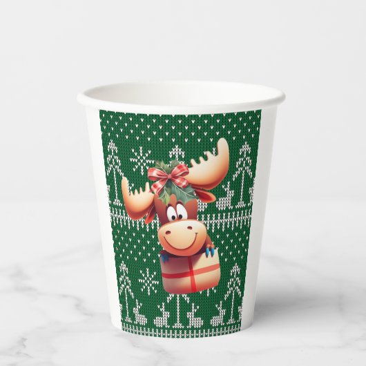 Cartoon Moose op groen gebreid patroon Papieren Bekers (Voorkant)