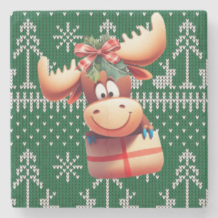 Cartoon Moose op groen gebreid patroon Stenen Onderzetter