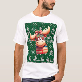 Cartoon Moose op groen gebreid patroon T-shirt