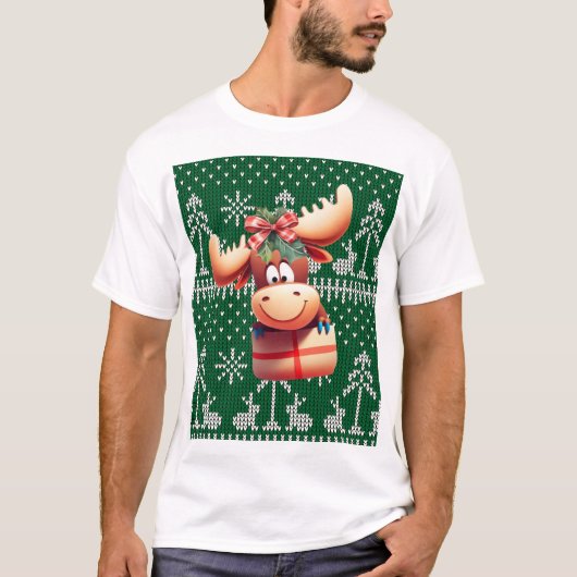 Cartoon Moose op groen gebreid patroon T-shirt (Voorkant)