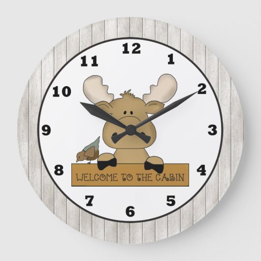 Cartoon Moose Welcome Cabin wall clock Grote Klok (Voorkant)