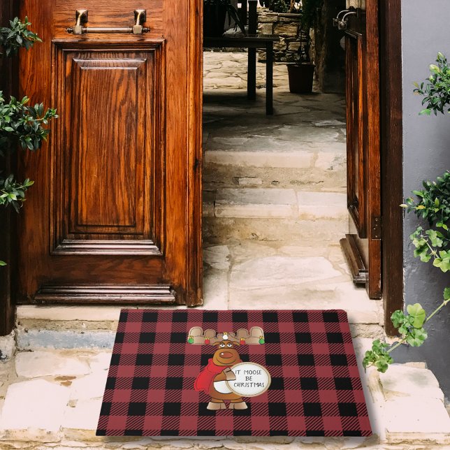 Cartoon Moose Zwart Rood Buffel Plaid Christmas Deurmat (Creator heeft geüpload)