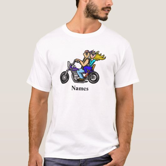 Cartoon Motorcycle Couple T-shirt Personalize Name (Voorkant)