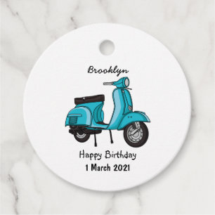 Cartoon motorfiets met motorbromfiets bedankjes labels