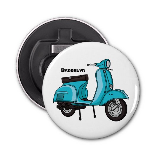 Cartoon motorfiets met motorbromfiets button flesopener (Voorkant)