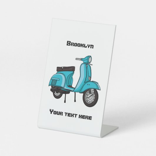 Cartoon motorfiets met motorbromfiets reclamebord met voetstuk (Voorkant)