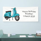 Cartoon motorfiets met motorbromfiets spandoek (Beurs)