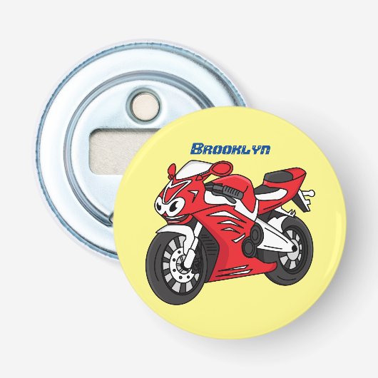 Cartoon motorfiets voor cute red sport button flesopener (Voorkant)