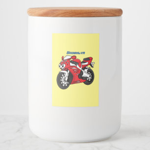 Cartoon motorfiets voor cute red sport voedselcontainer etiket