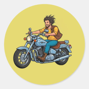 Cartoon motorrijder die op een motor rijdt ronde sticker