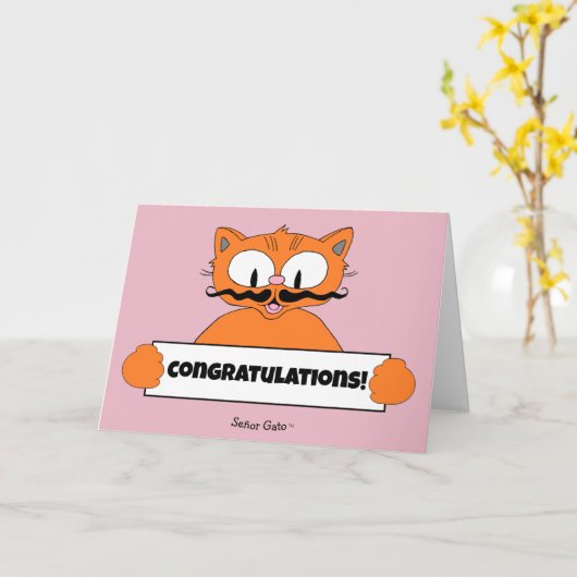 Cartoon Mustache Cat Senor Gato gefeliciteerd Kaart (Gele Bloem)