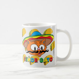 Cartoon Mustache Cat Senor Gato met Tacos Koffiemok