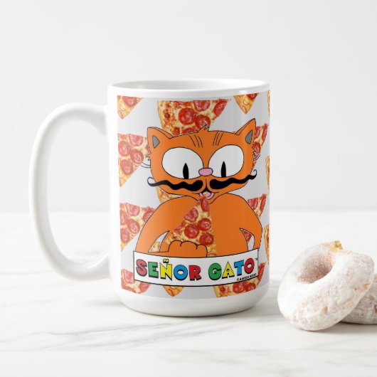 Cartoon Mustache Cat Señor Gato Pizza Lovers Large Koffiemok (Met donut)