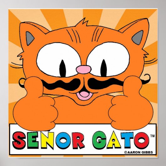 Cartoon Mustache Cat Senor Gato twee duimen omhoog Poster (Voorkant)