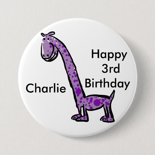 Cartoon (naam) dinosaur paars ronde button 7,6 cm (Voorkant)