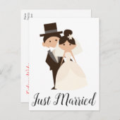 Cartoon net getrouwd bruid & bruidegom bruiloft aankondigingskaart (Voorkant / Achterkant)