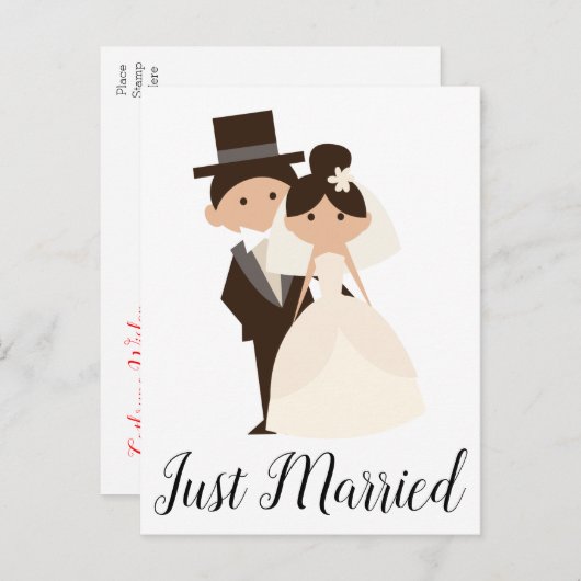 Cartoon net getrouwd bruid & bruidegom bruiloft aankondigingskaart (Voorkant / Achterkant)