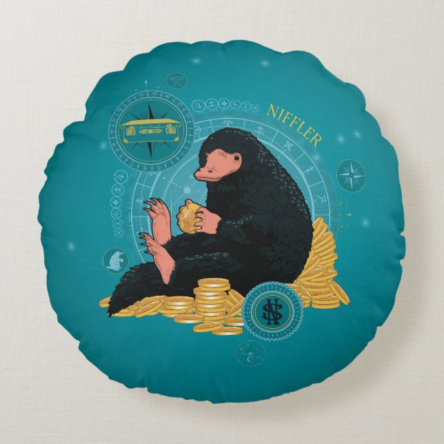 Cartoon NIFFLER™ met gouden munten Rond Kussen (Voorkant)
