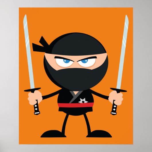 Cartoon Ninja Warrior met twee Katana Poster (Voorkant)