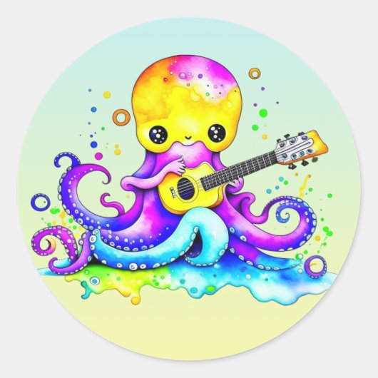 Cartoon Octopus Gitaar spelen Ronde Sticker (Voorkant)