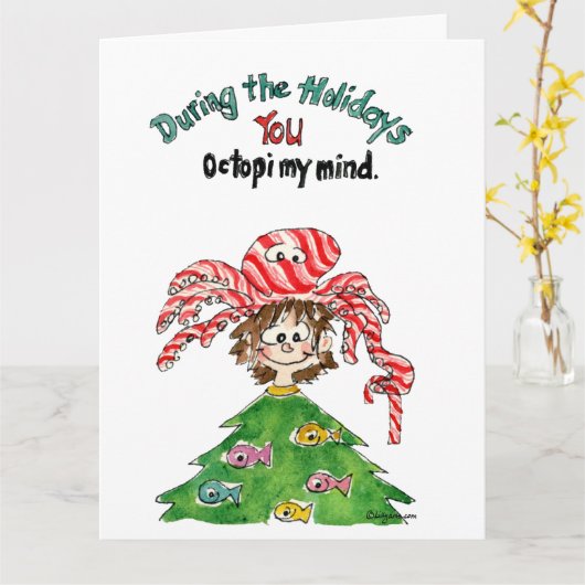 Cartoon Octopus Grote Kerst Kaart (Gele Bloem)