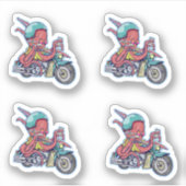 CARTOON OCTOPUS RIJDEN OP EEN MOTORFIETS STICKER (Voorkant)