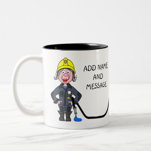 Cartoon of female Firefighter Tweekleurige Koffiemok (Links)