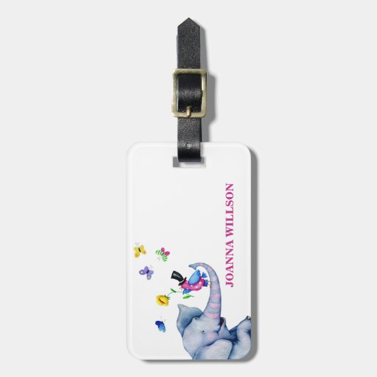 Cartoon olifant en vlinders bagagelabel (Voorkant verticaal)