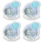 Cartoon olifant met blauwe ballonnen en een teksts sticker (Voorkant)