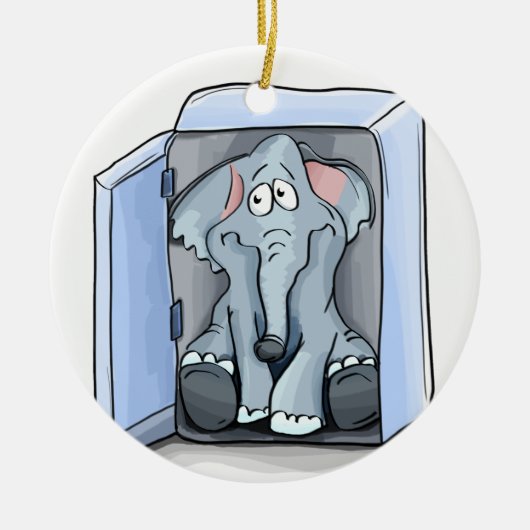 Cartoon olifant zit in een koelkast keramisch ornament (Voorkant)