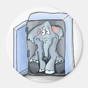 Cartoon olifant zit in een koelkast magneet