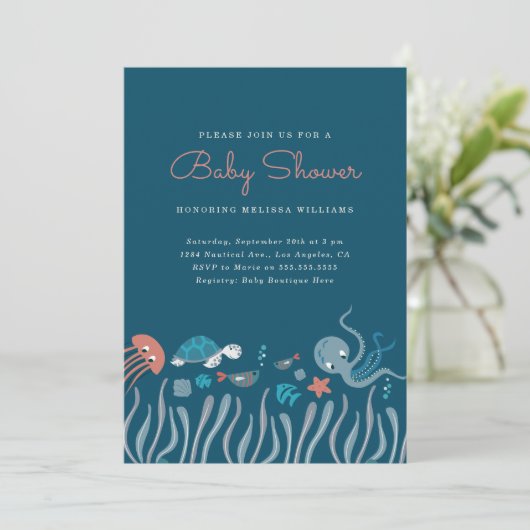 Cartoon onder het Baby shower Zee Ocean Critters Kaart (Staand voorkant)